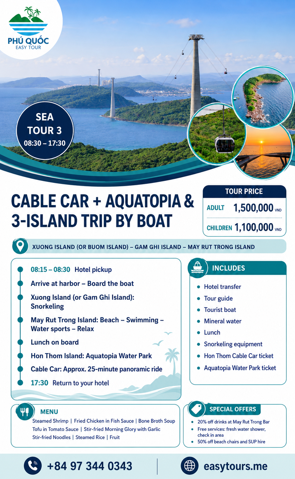 Tour 3 Đảo Bằng Tàu – Cáp Treo + Công Viên Nước Aquatopia