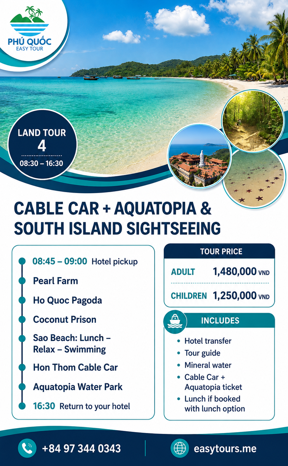 Land Tour 4: Tour Cáp Treo + Công Viên Nước Aquatopia - Tham Quan Nam Đảo